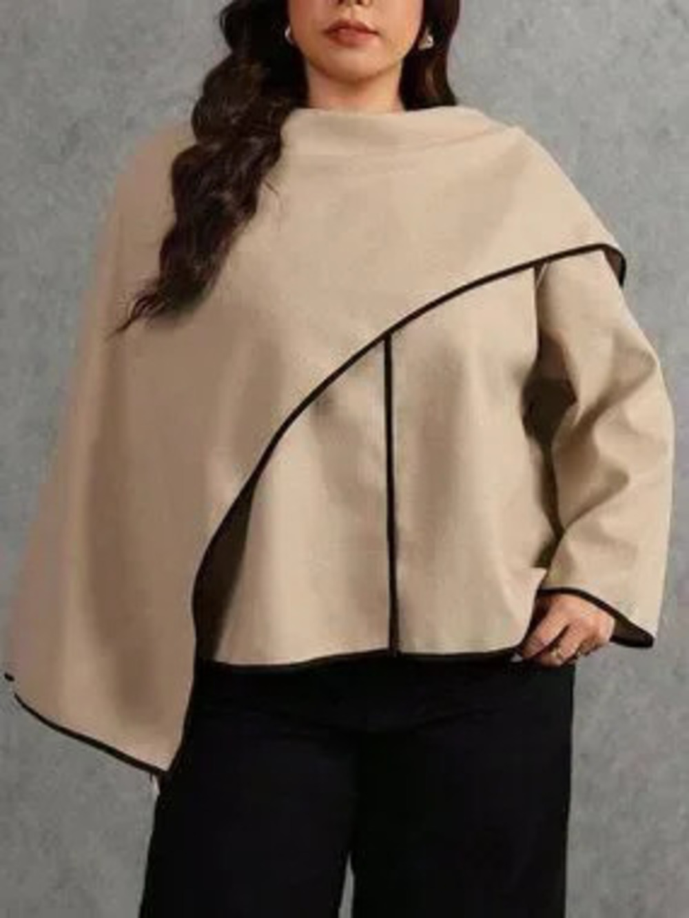 ZARA Khaki Casual Women's Fringe Trim Loose Fit Zipper Cape Jacket